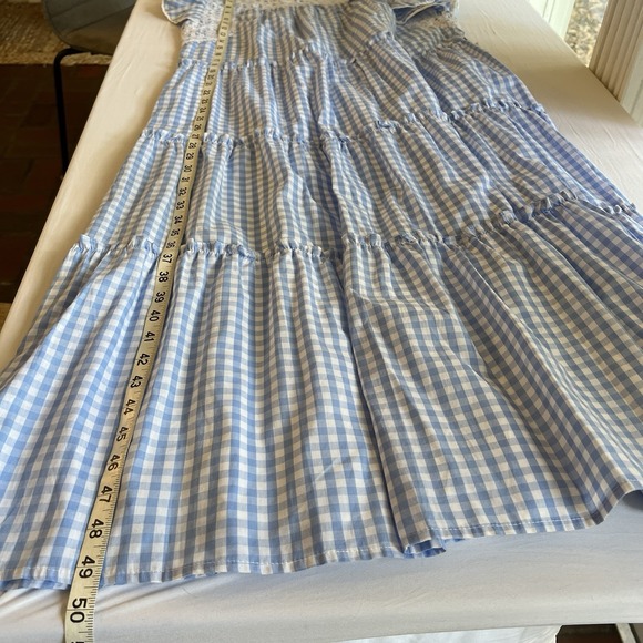 J. MARIE Blue Gingham Ruffle Sleeve Embroidered Beachy Tiered Midi Dress Size XL - Picture 8 of 9
